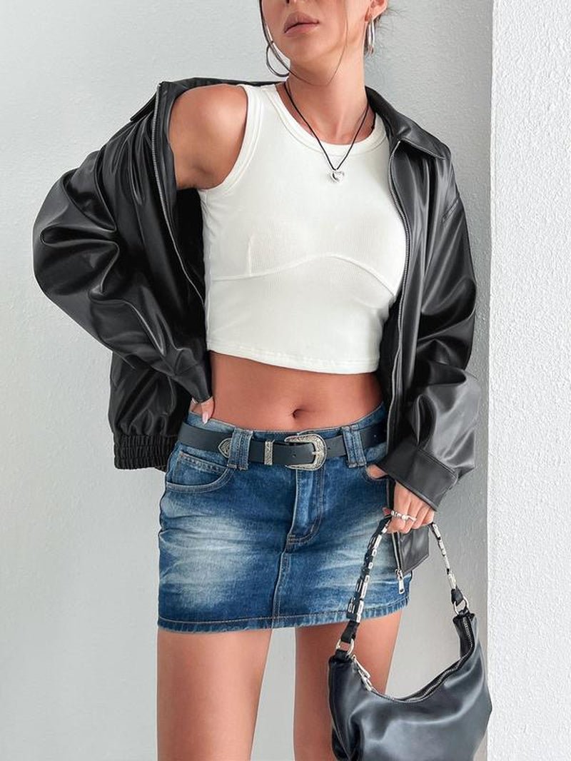 Chic Women's Faux Leather Jacket with Pockets - Stylish Long Sleeve Collared Outerwear for Fall & Winter - Bela Fils BoutiqueBela Fils Boutique